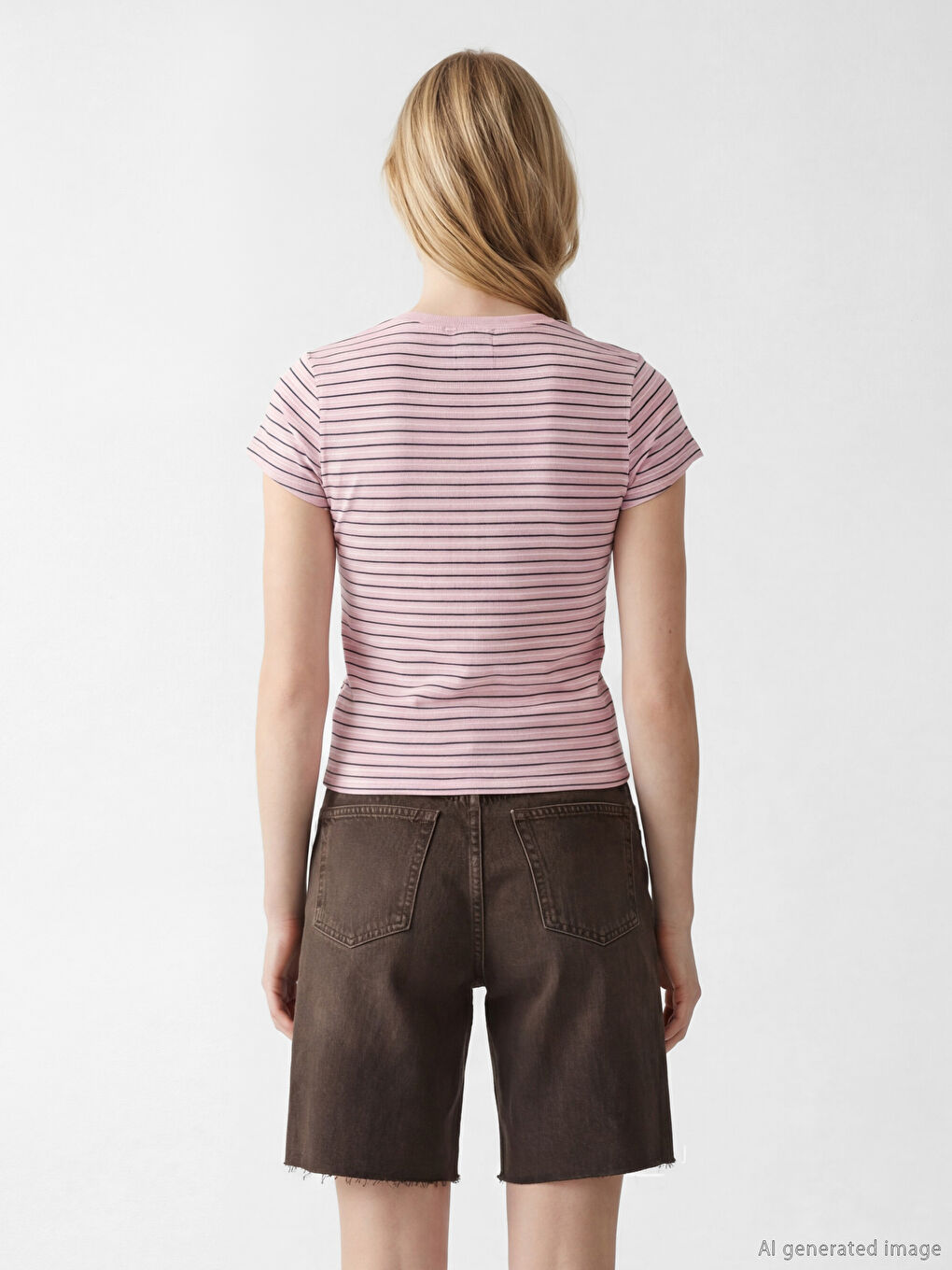 Tricou Vărgat cu Guler Rotund pentru Femei-3