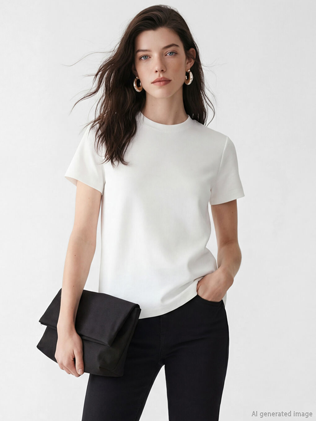 Beyaz Bisiklet Yaka Kadın Tişört