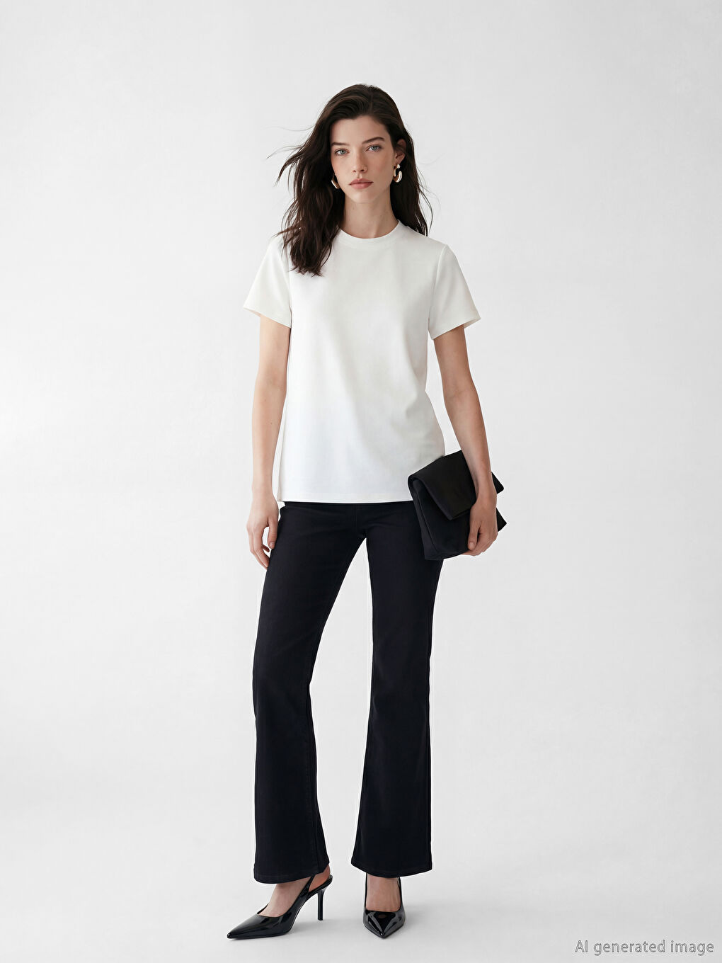 Beyaz Bisiklet Yaka Kadın Tişört-1