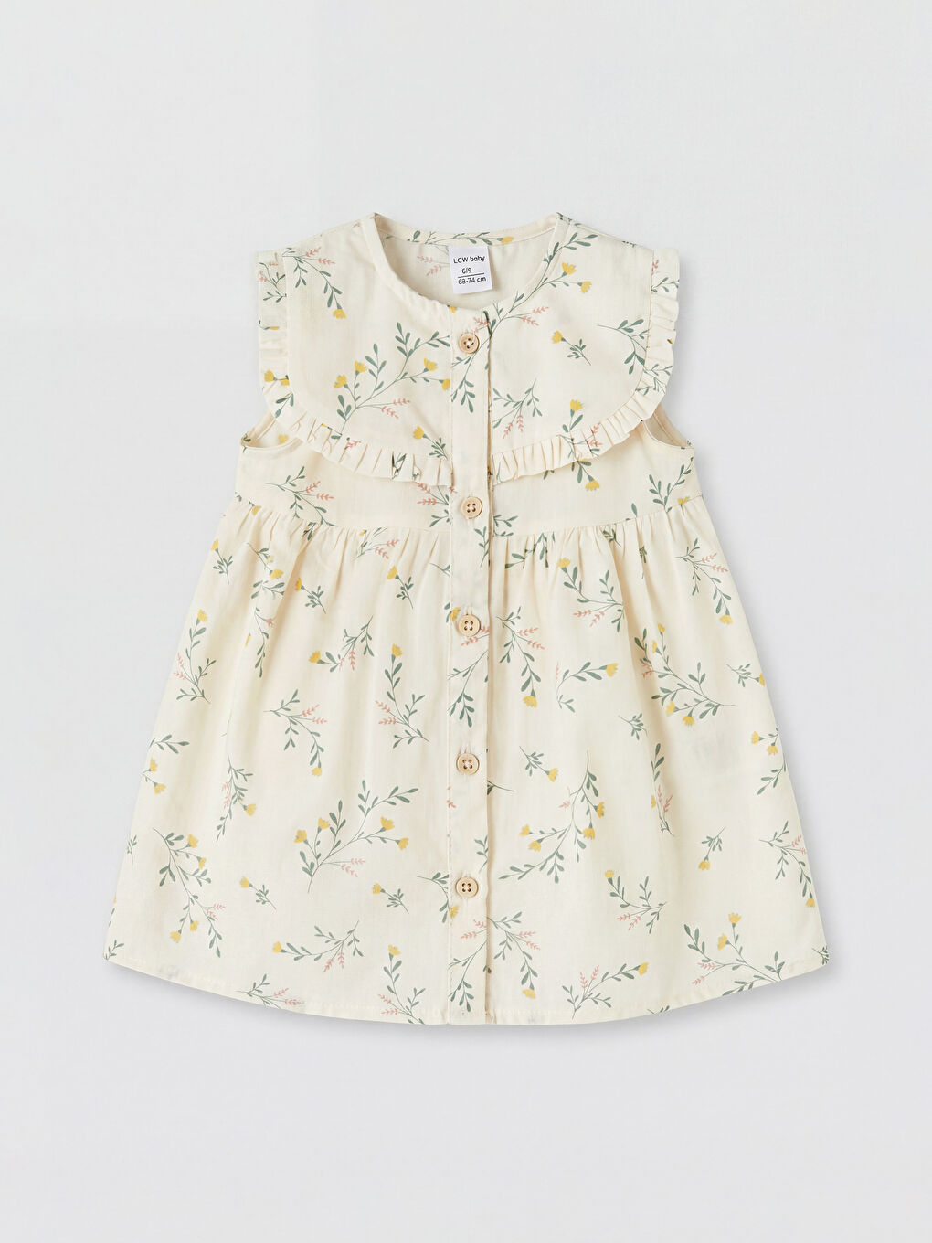 Ekru Bisiklet Yaka Çiçek Desenli Kız Bebek Elbise
