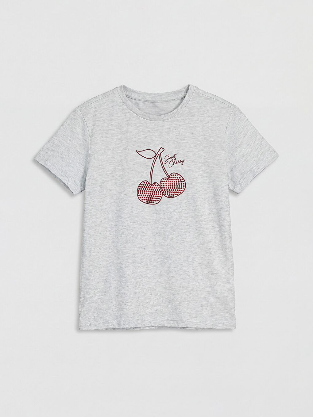 Gri Bisiklet Yaka Taşlı Kız Çocuk Tişört