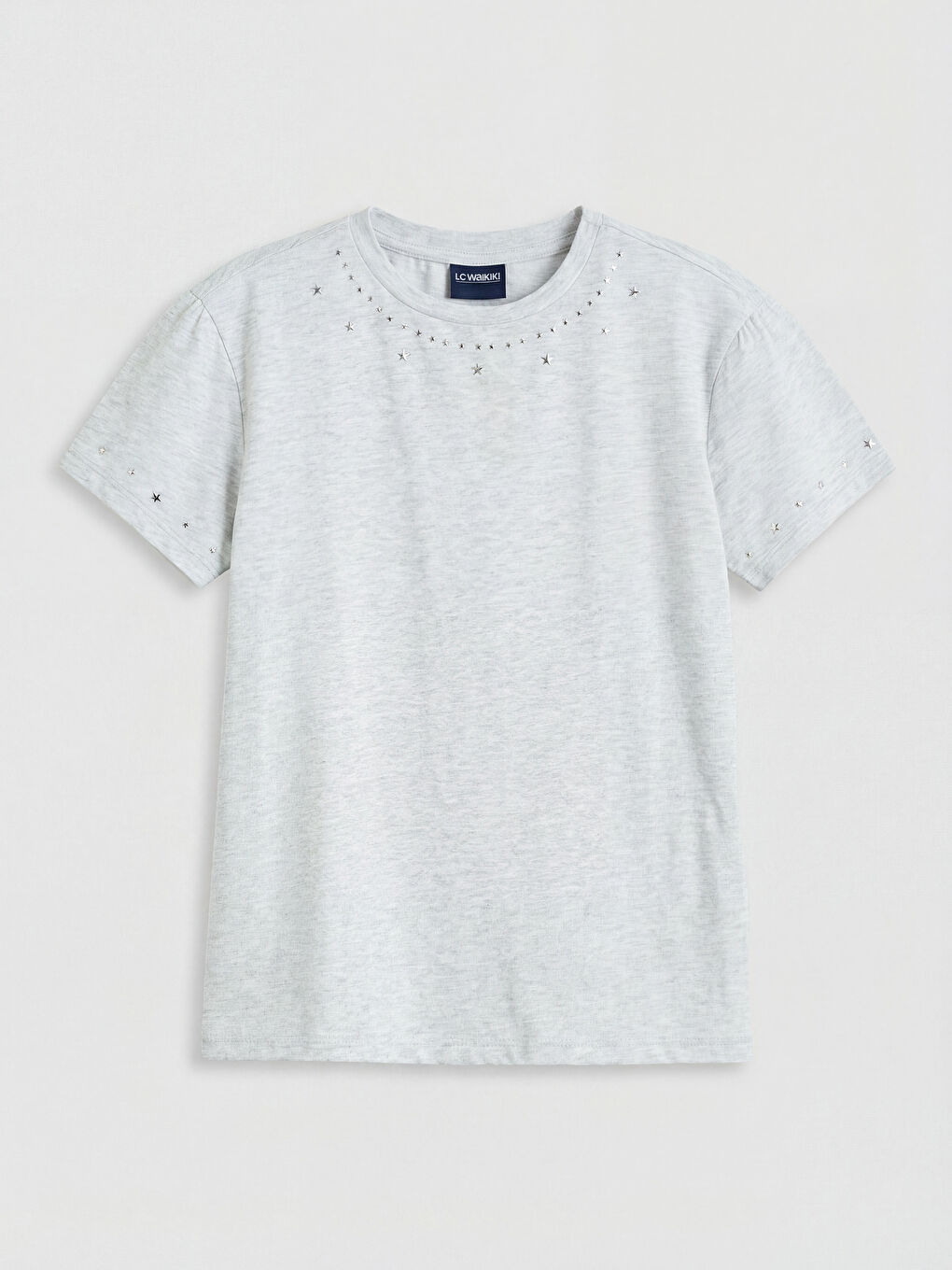 Gri Bisiklet Yaka Taşlı Kız Çocuk Tişört