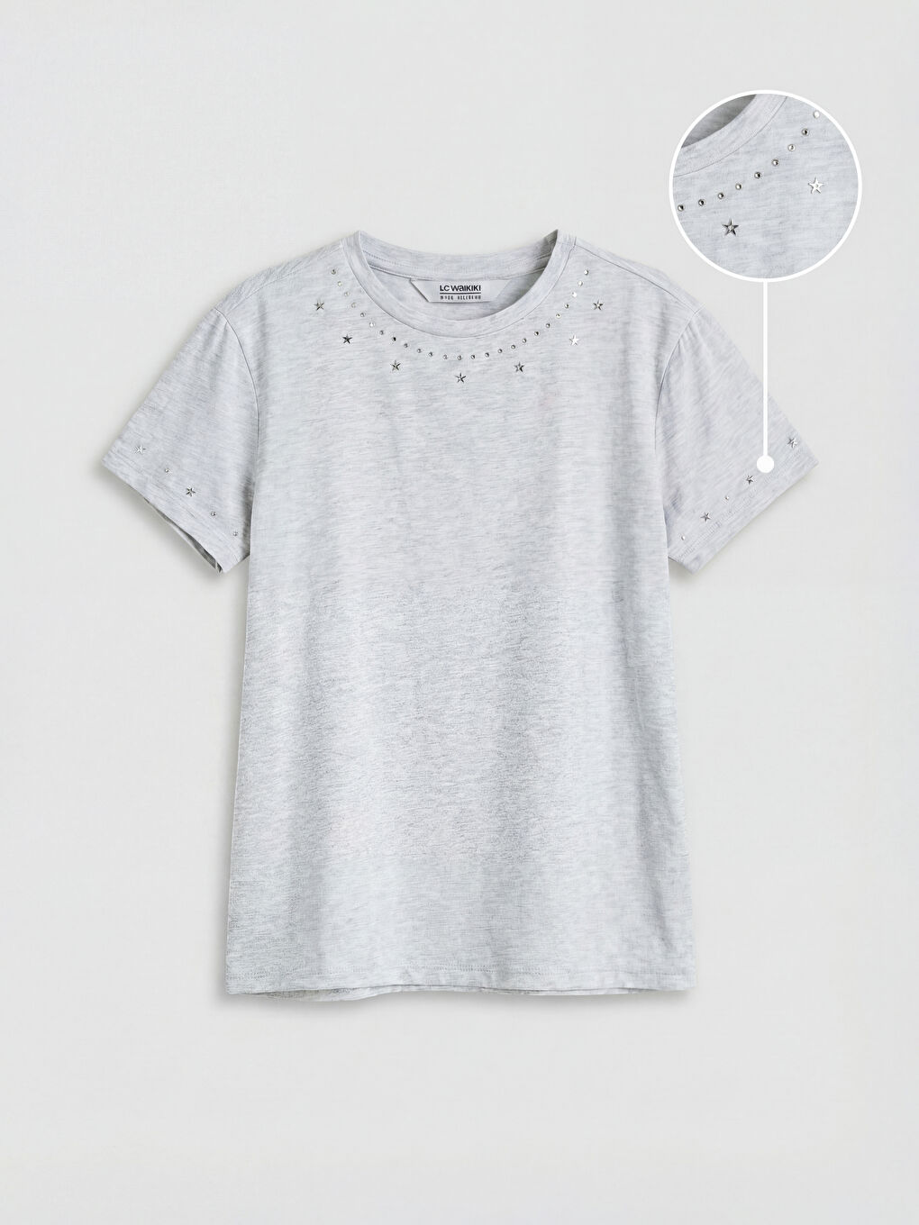 Gri Bisiklet Yaka Taşlı Kız Çocuk Tişört