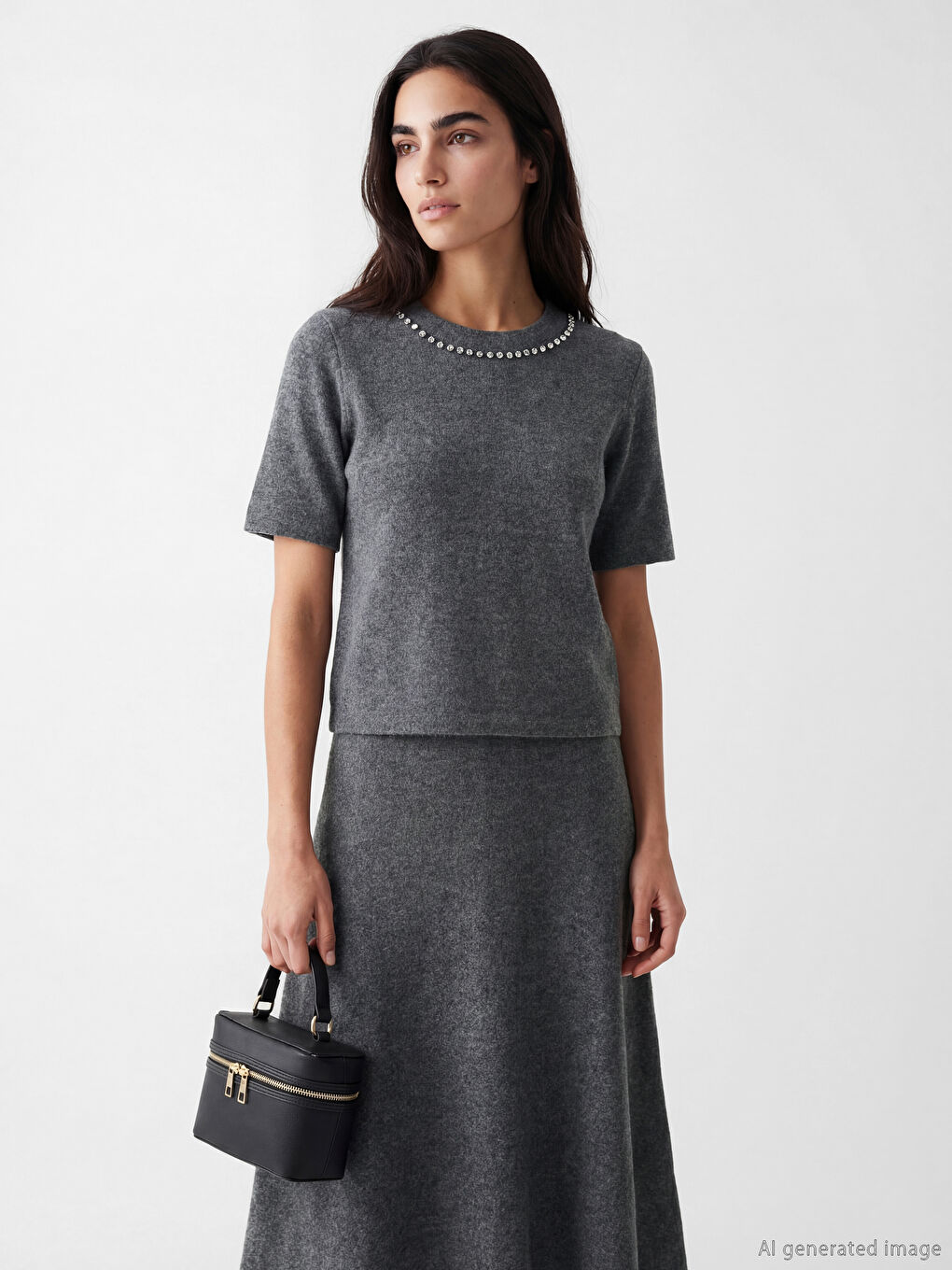 Antrasit Bisiklet Yaka Taşlı Kadın Tişört