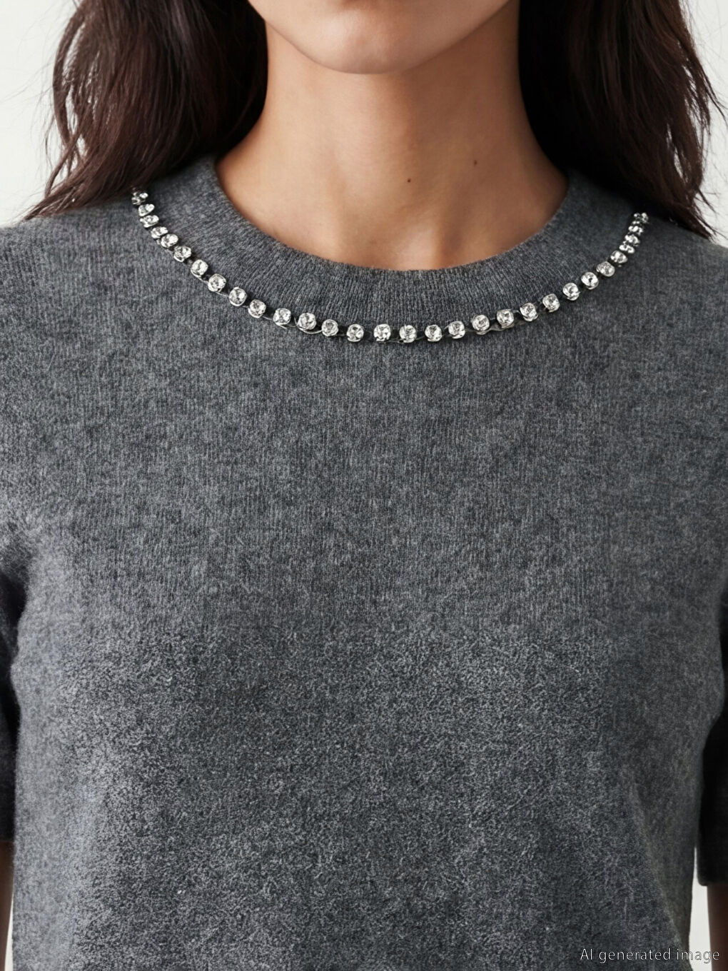 Antrasit Bisiklet Yaka Taşlı Kadın Tişört-2