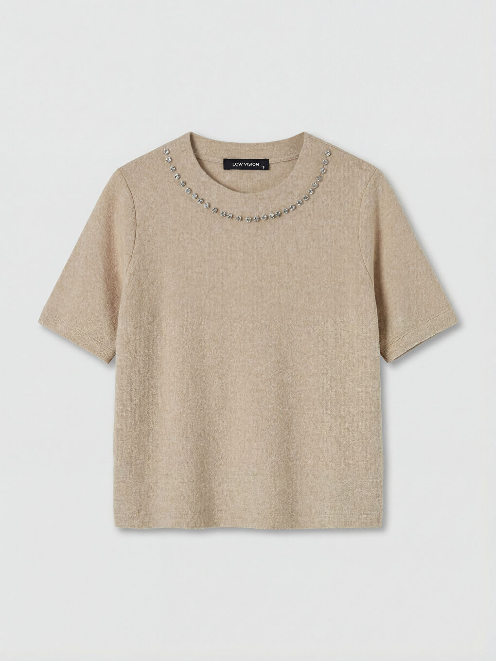 Bej Bisiklet Yaka Taşlı Kadın Tişört-4