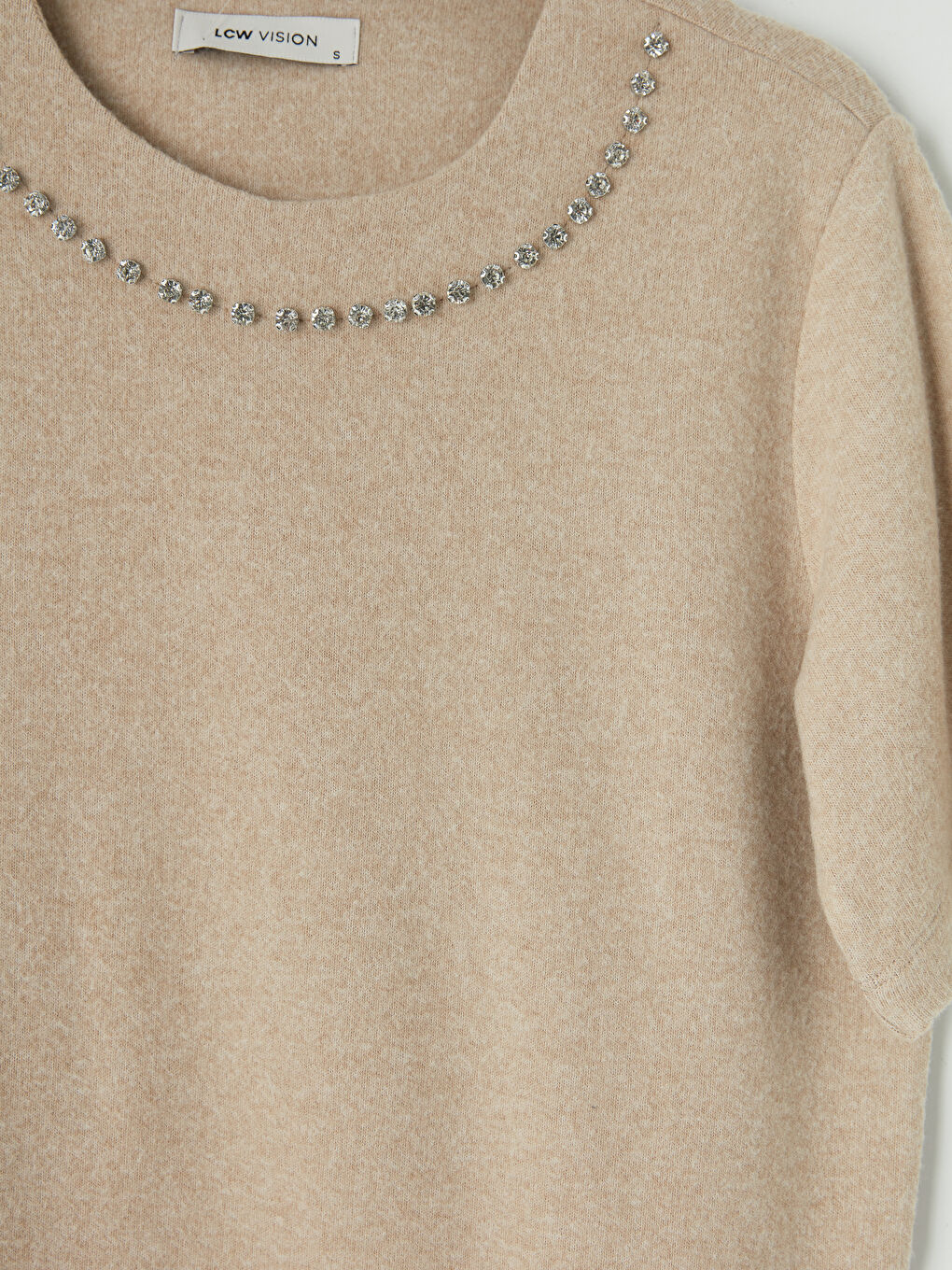 Bej Bisiklet Yaka Taşlı Kadın Tişört-6