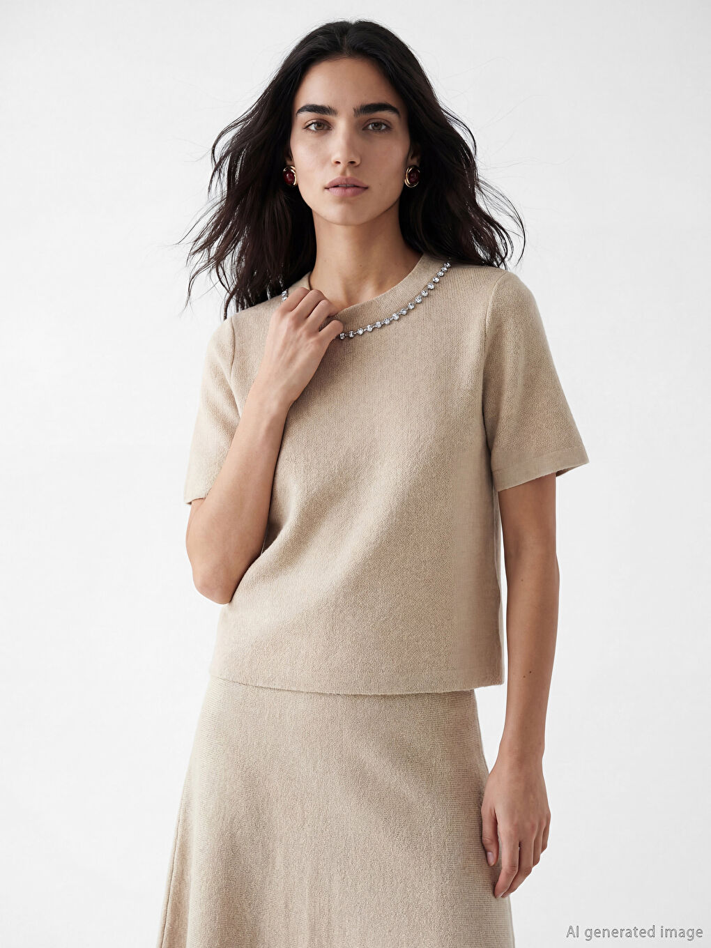 Bej Bisiklet Yaka Taşlı Kadın Tişört