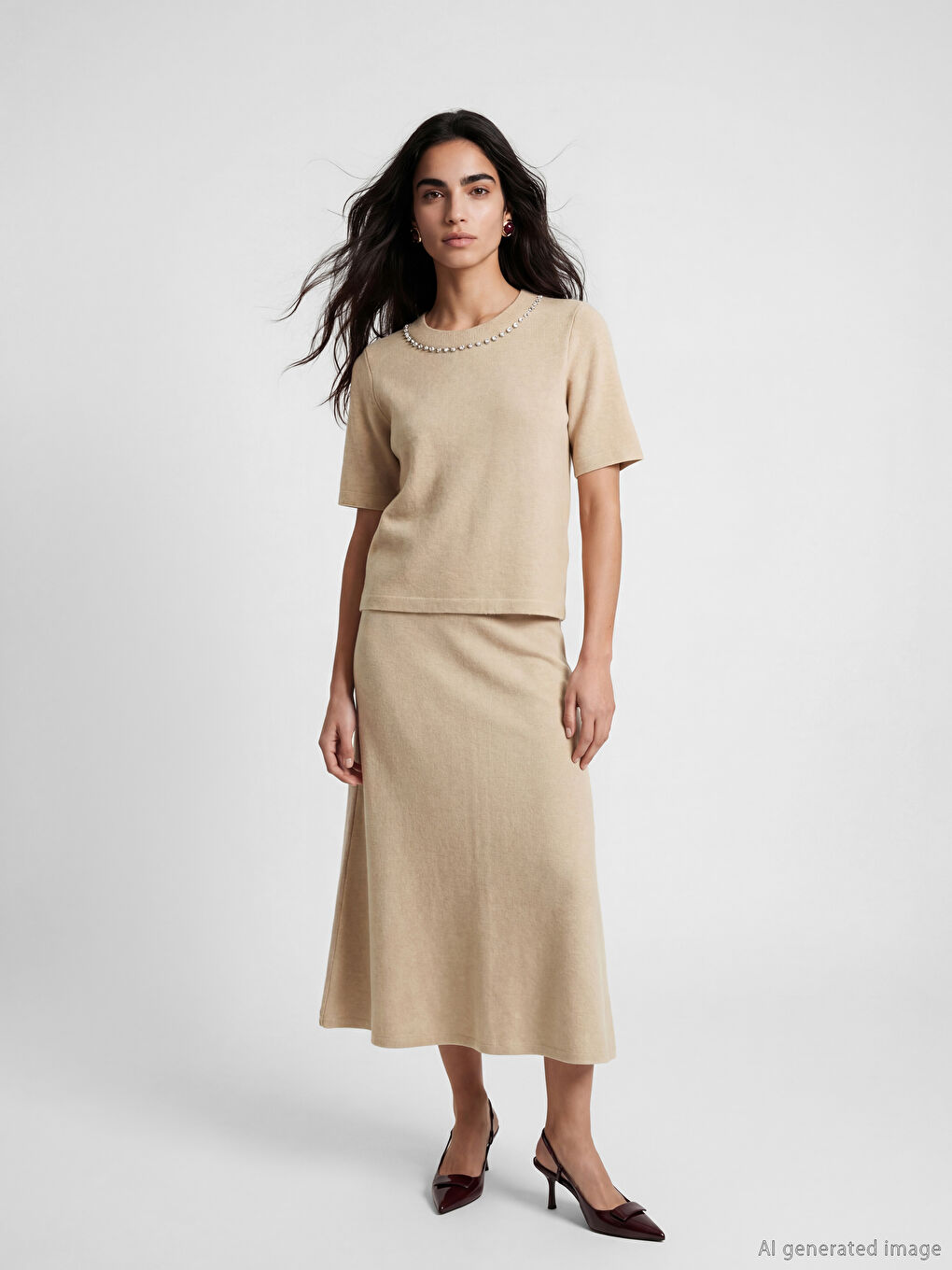 Bej Bisiklet Yaka Taşlı Kadın Tişört-1