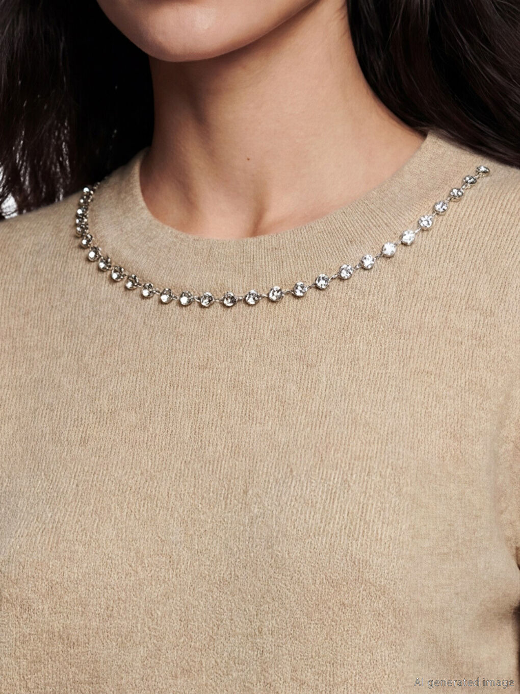 Bej Bisiklet Yaka Taşlı Kadın Tişört-2