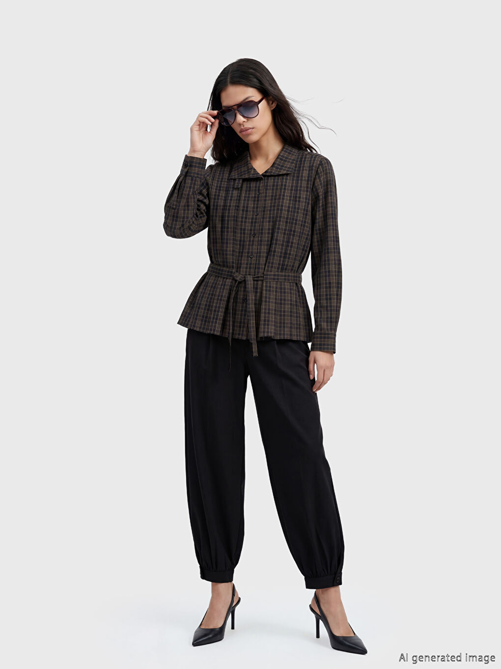 Grandad Collar Plaid Oversize Women's Shirt-1