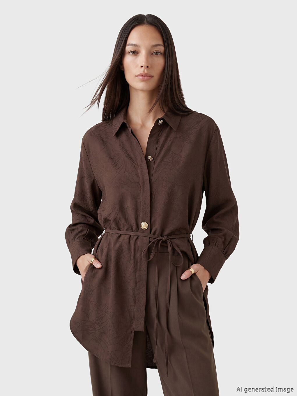 Kahverengi Desenli Kadın Gömlek Tunik	