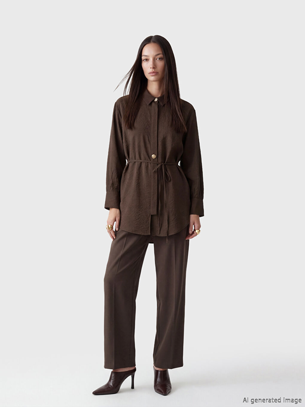 Kahverengi Desenli Kadın Gömlek Tunik	-1