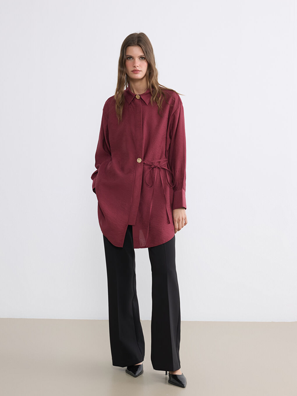 Mor Desenli Kadın Gömlek Tunik	-1