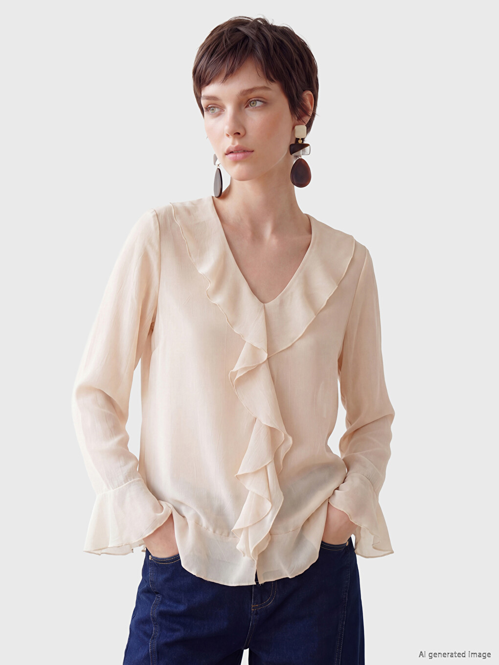 Women's Plus Size V-Neck Frilled Blouse-1