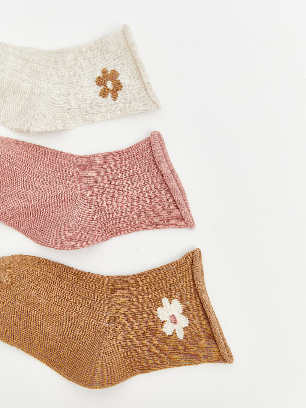 Ekru Çiçekli Kız Bebek Soket Çorap 5'li-1