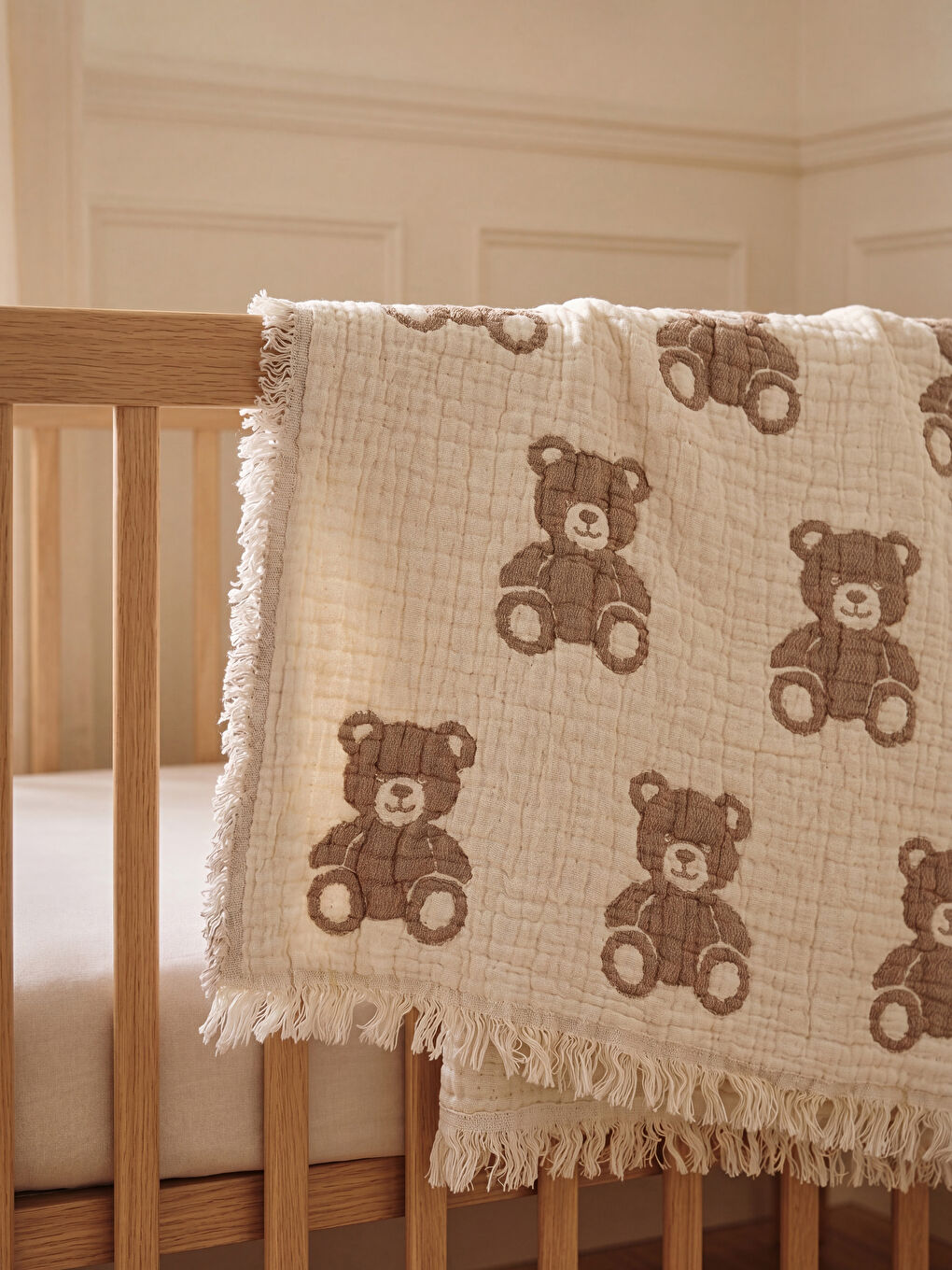 Bej Ayıcık Desenli Bebek Battaniye 80x80 cm-1