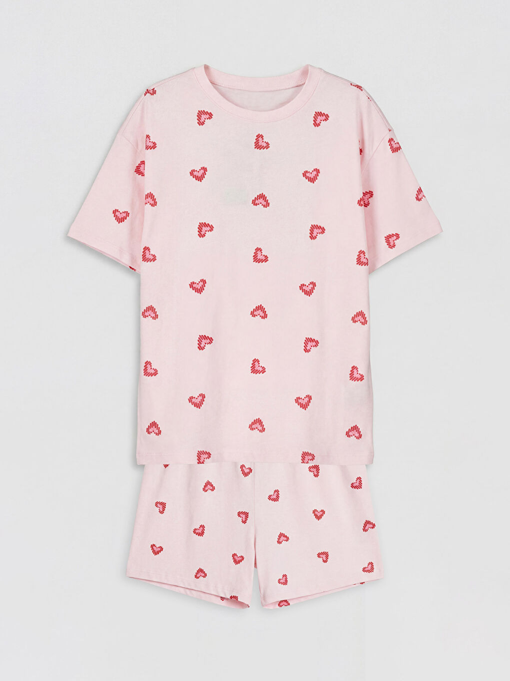 Pembe Kalp Baskılı Kız Çocuk Şortlu Pijama Takımı