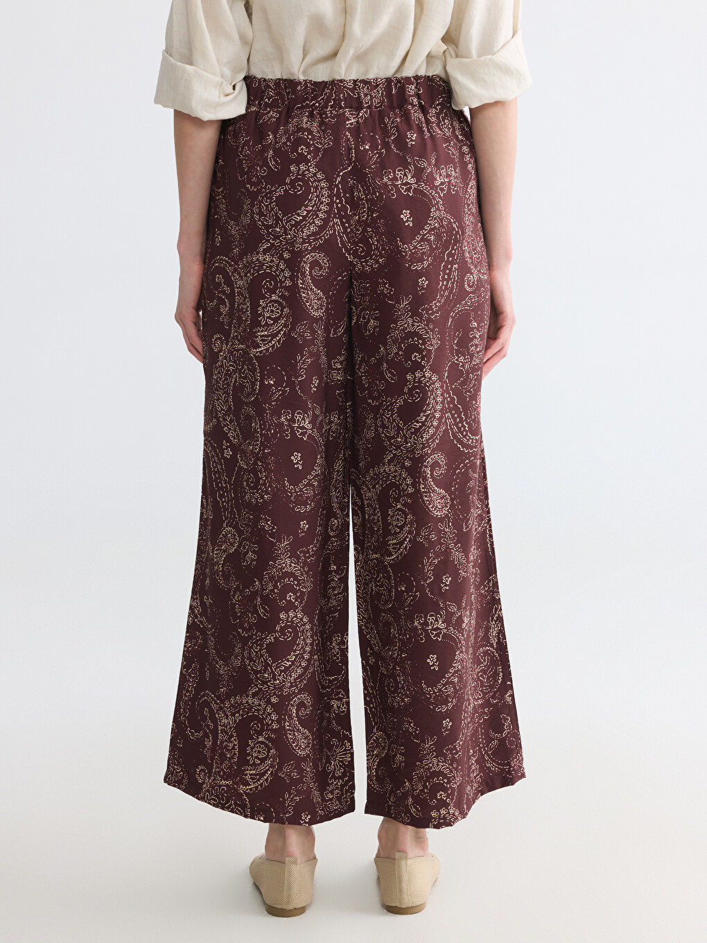 Mürdüm Beli Lastikli Desenli Kadın Pantolon-3