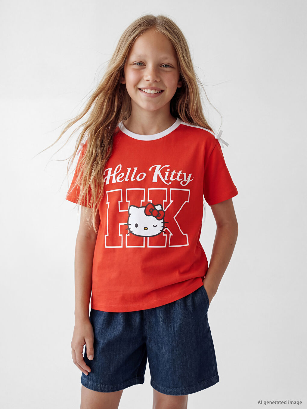 Crew Neck Hello Kitty Printed Girls' T-Shirt