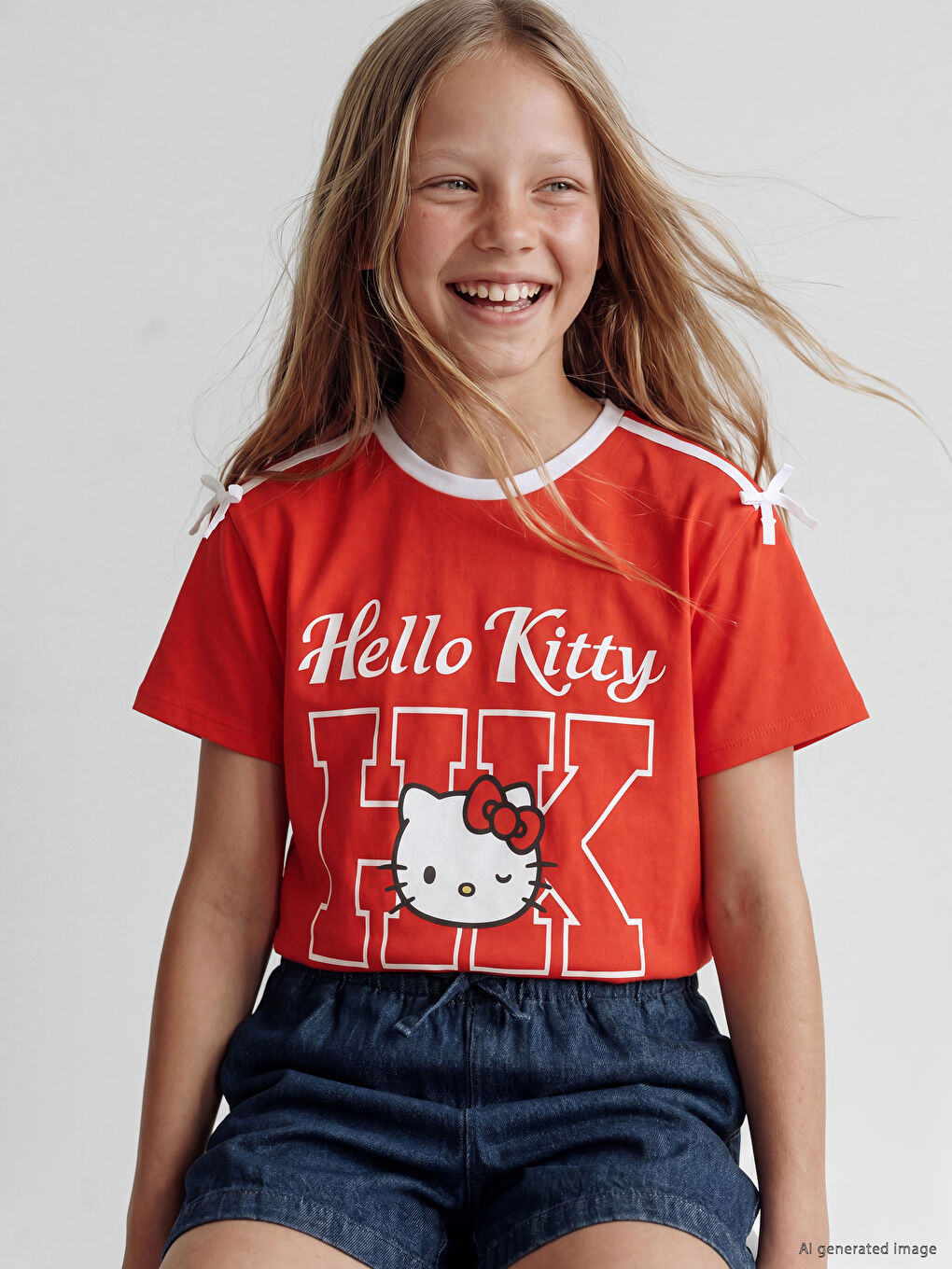 Crew Neck Hello Kitty Printed Girls' T-Shirt-1