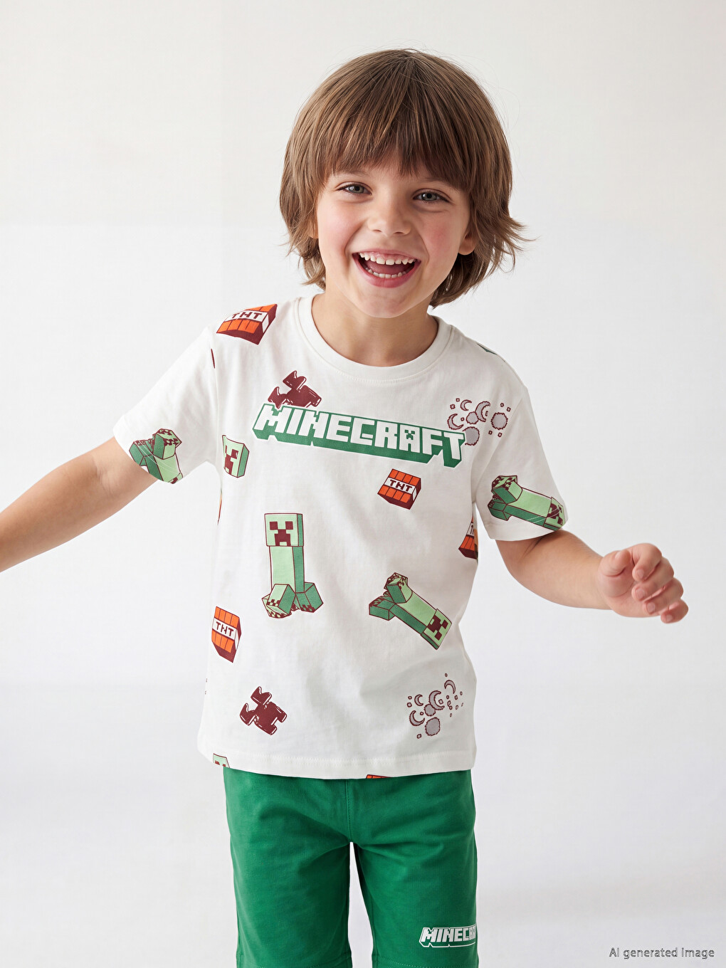 Ekru Minecraft Baskılı Erkek Çocuk Şortlu Pijama Takımı-1