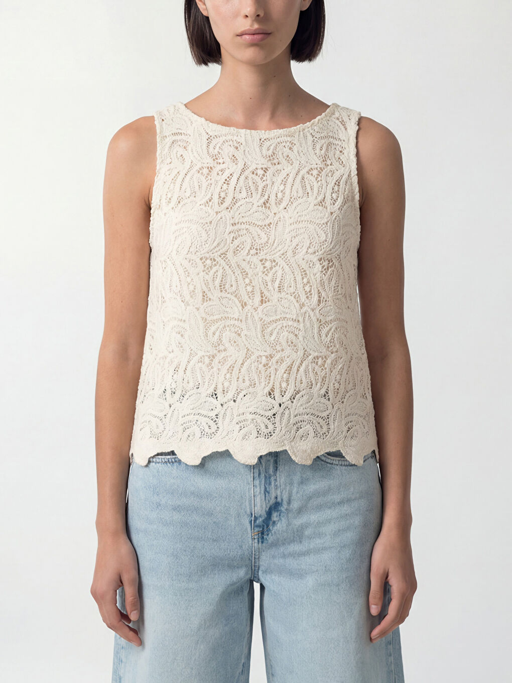 Beyaz Bisiklet Yaka Dantelli Bluz-2