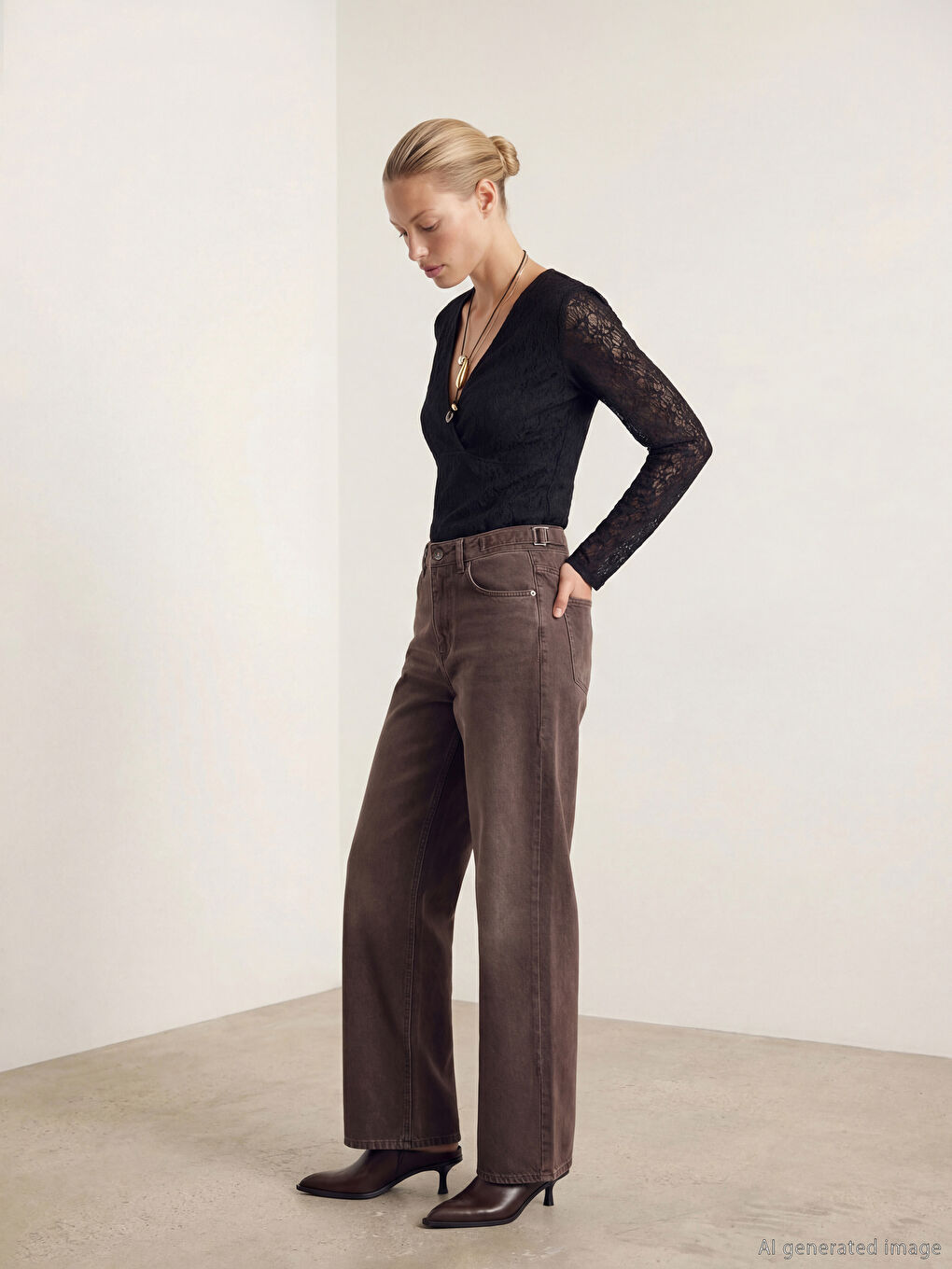 Kahverengi Wideleg Kadın Jean Pantolon	