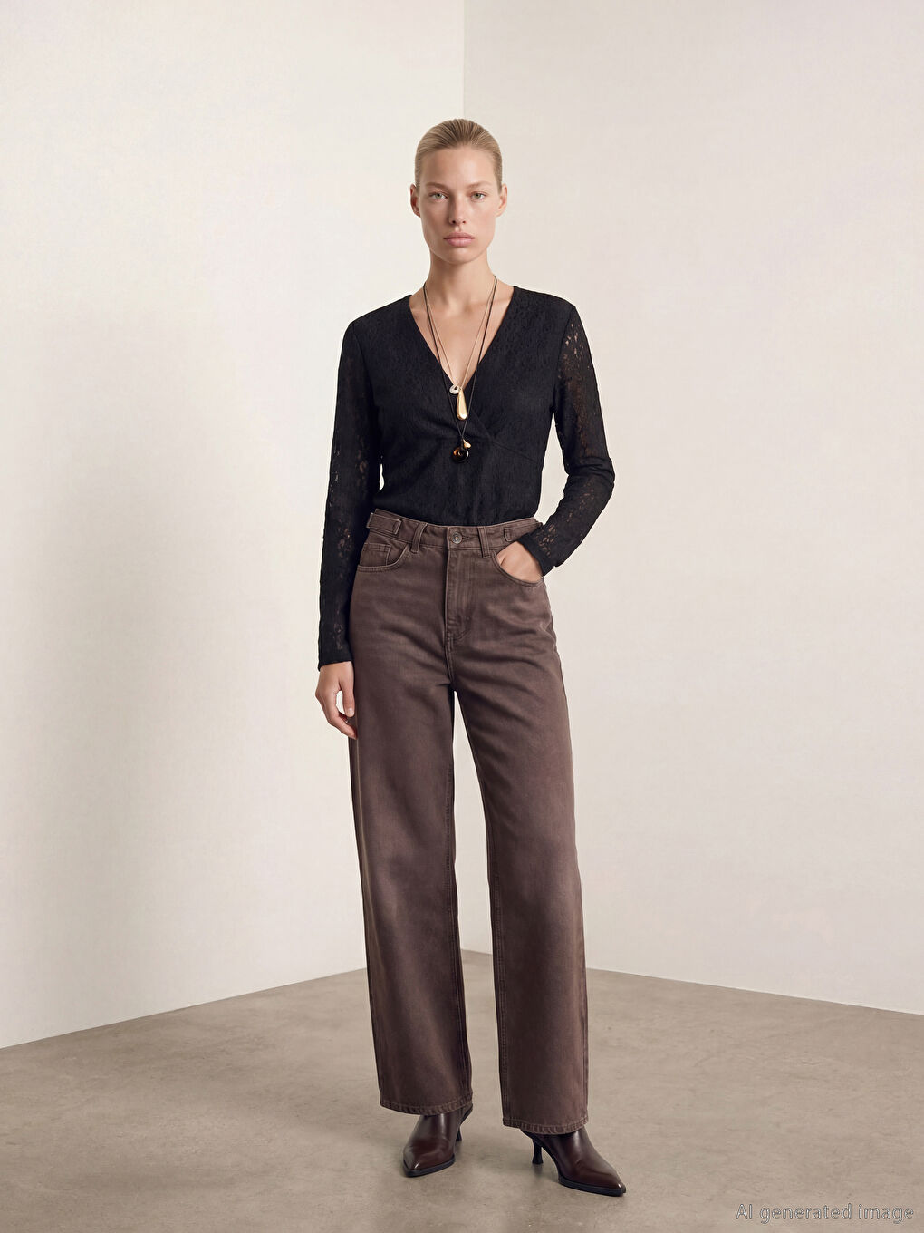 Kahverengi Wideleg Kadın Jean Pantolon	-1