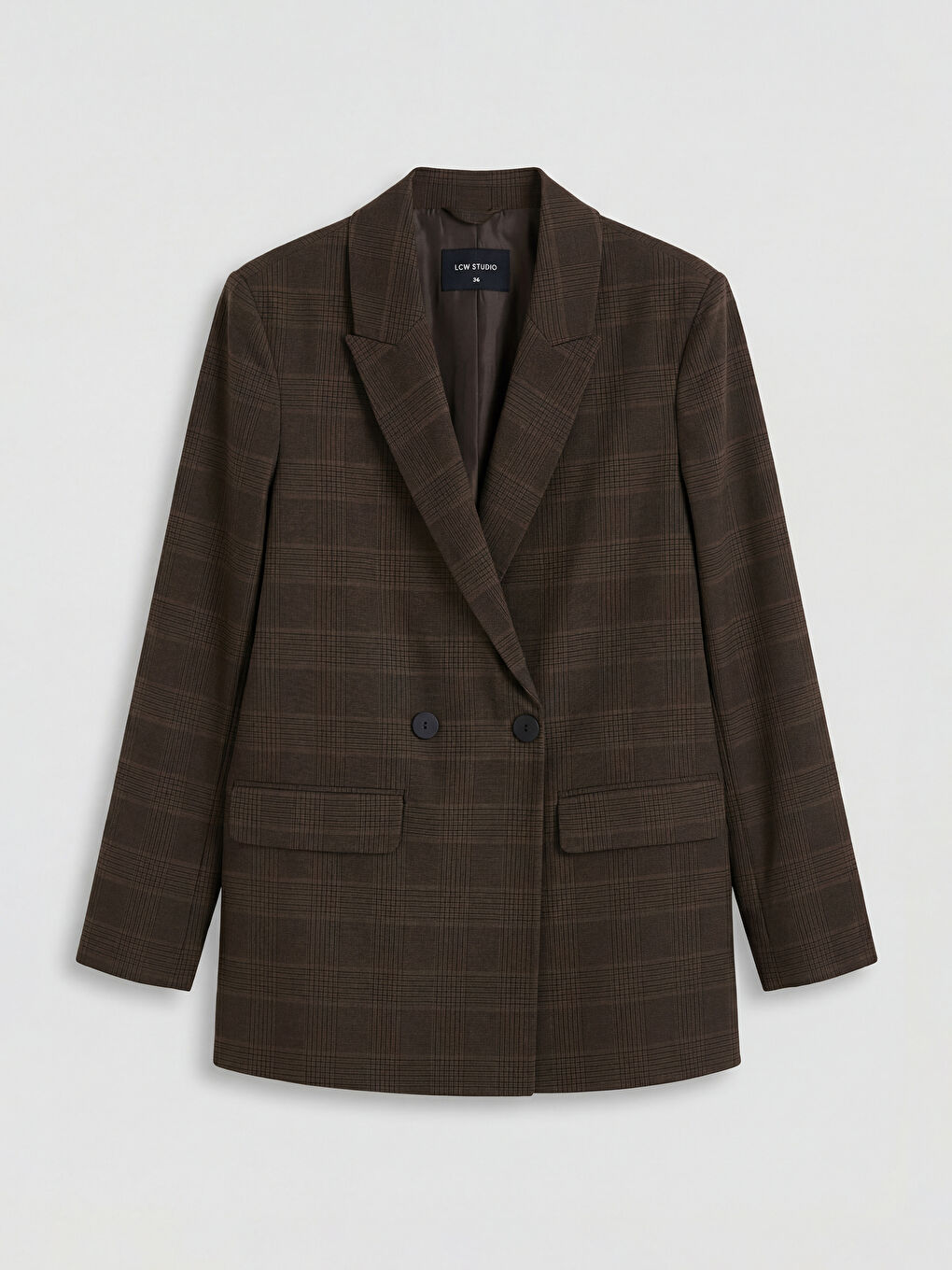 Kahverengi Kruvaze Yaka Ekose Kadın Blazer Ceket