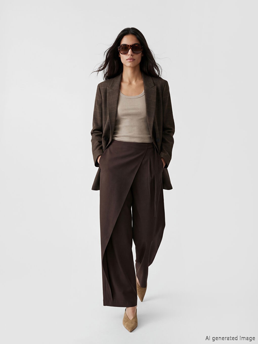 Kahverengi Kruvaze Yaka Ekose Kadın Blazer Ceket-1