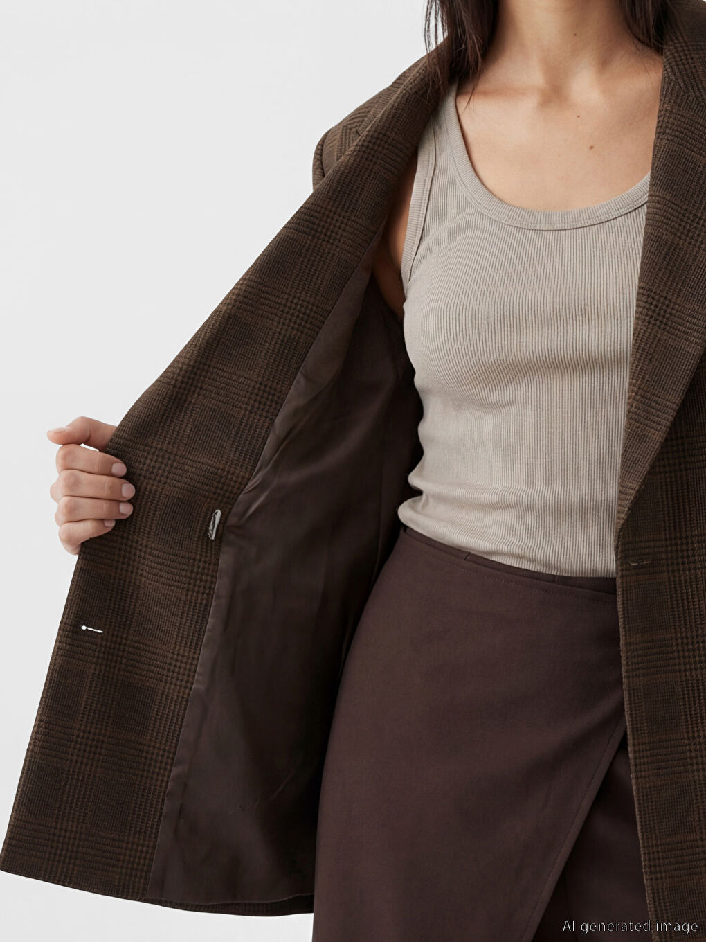 Kahverengi Kruvaze Yaka Ekose Kadın Blazer Ceket-3