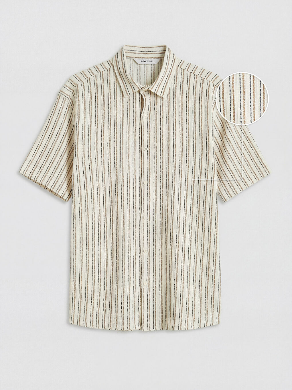 Ekru Regular Fit Çizgili Keten Görünümlü Erkek Gömlek