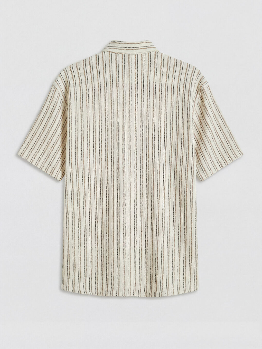Ekru Regular Fit Çizgili Keten Görünümlü Erkek Gömlek-1