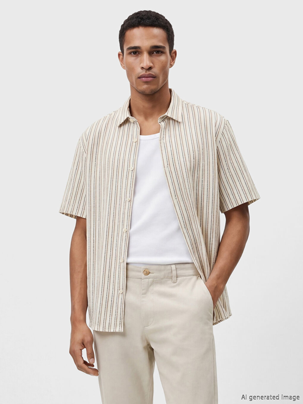 Beyaz Regular Fit Çizgili Keten Görünümlü Erkek Gömlek