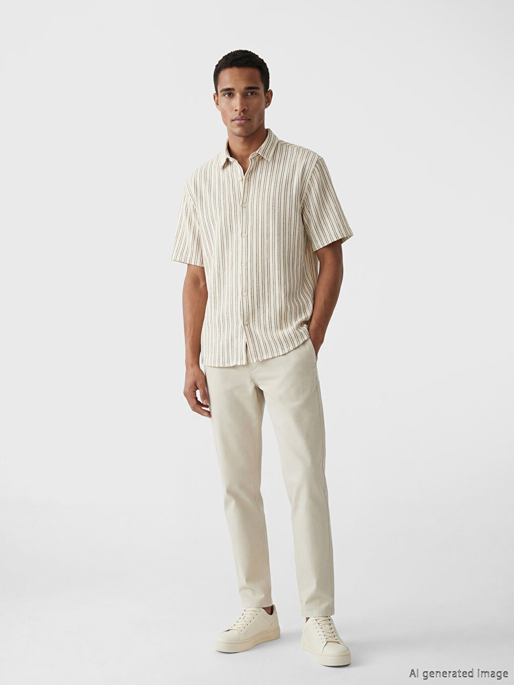 Beyaz Regular Fit Çizgili Keten Görünümlü Erkek Gömlek-1