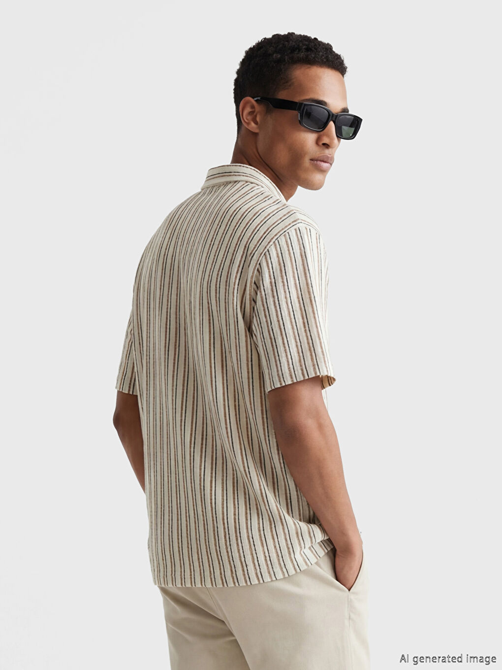 Beyaz Regular Fit Çizgili Keten Görünümlü Erkek Gömlek-2