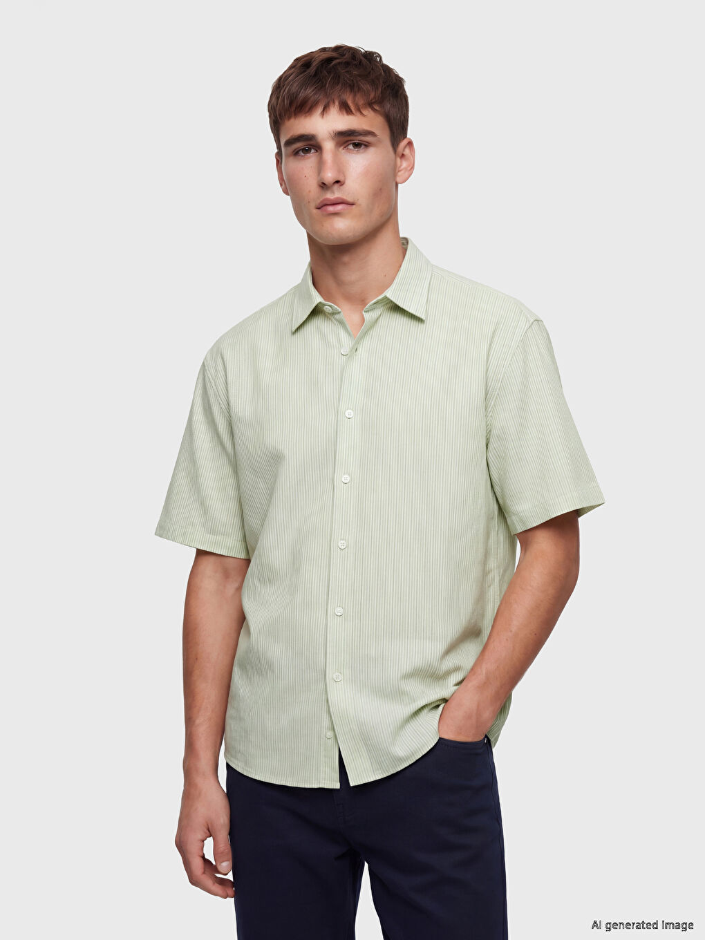 Yeşil Regular Fit Çizgili Erkek Gömlek