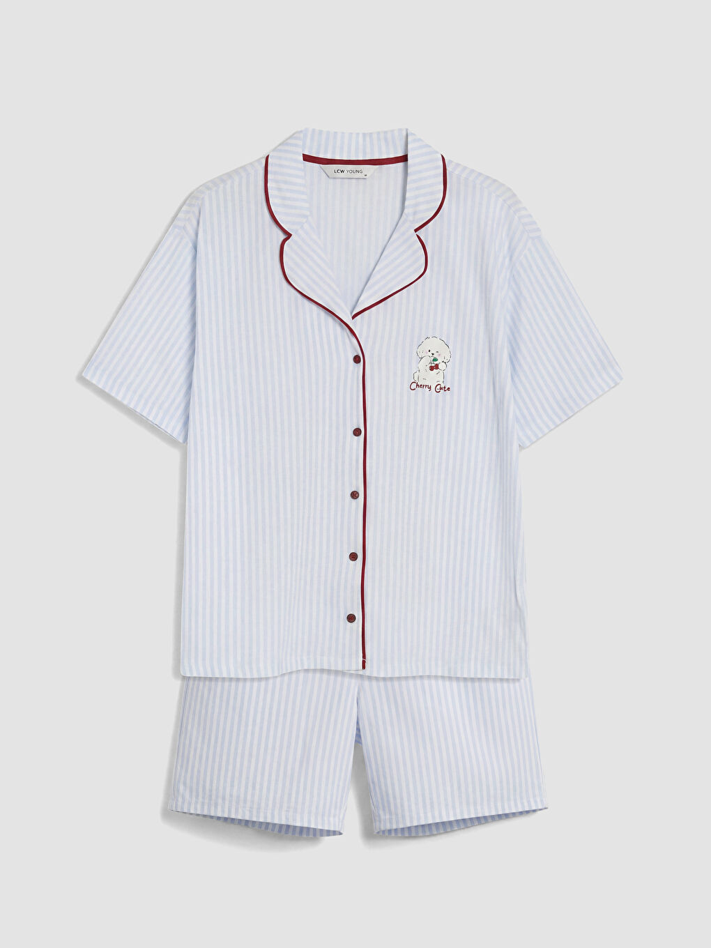 Mavi Gömlek Yaka Çizgili Kadın Şortlu Pijama Takımı