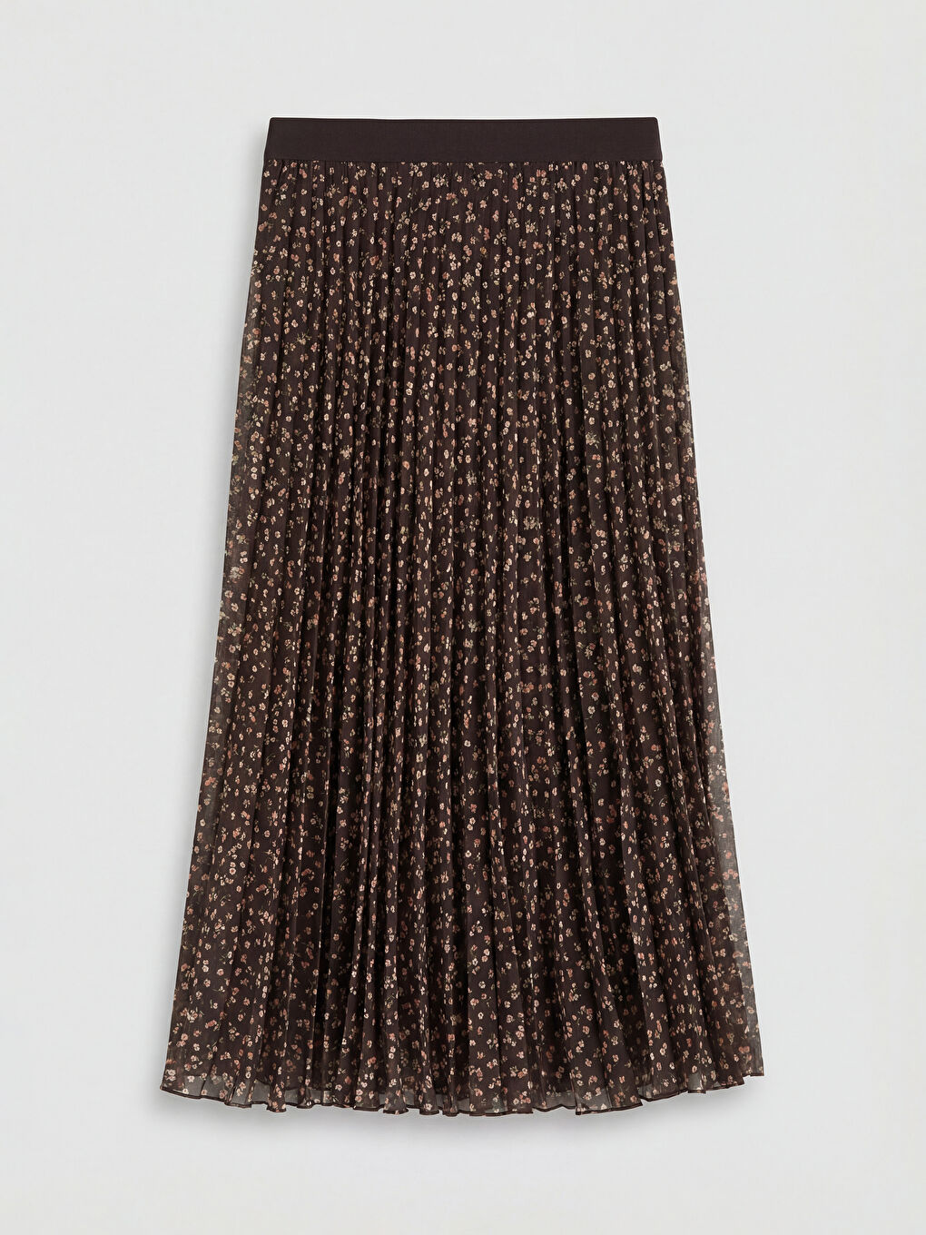 Kahverengi Beli Lastikli Çiçekli Pileli Etek