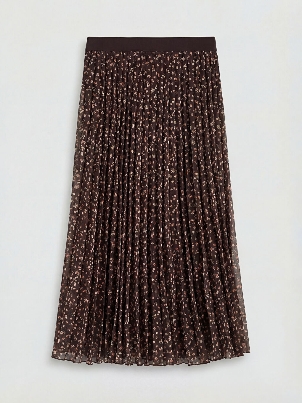 Kahverengi Beli Lastikli Çiçekli Pileli Etek-1