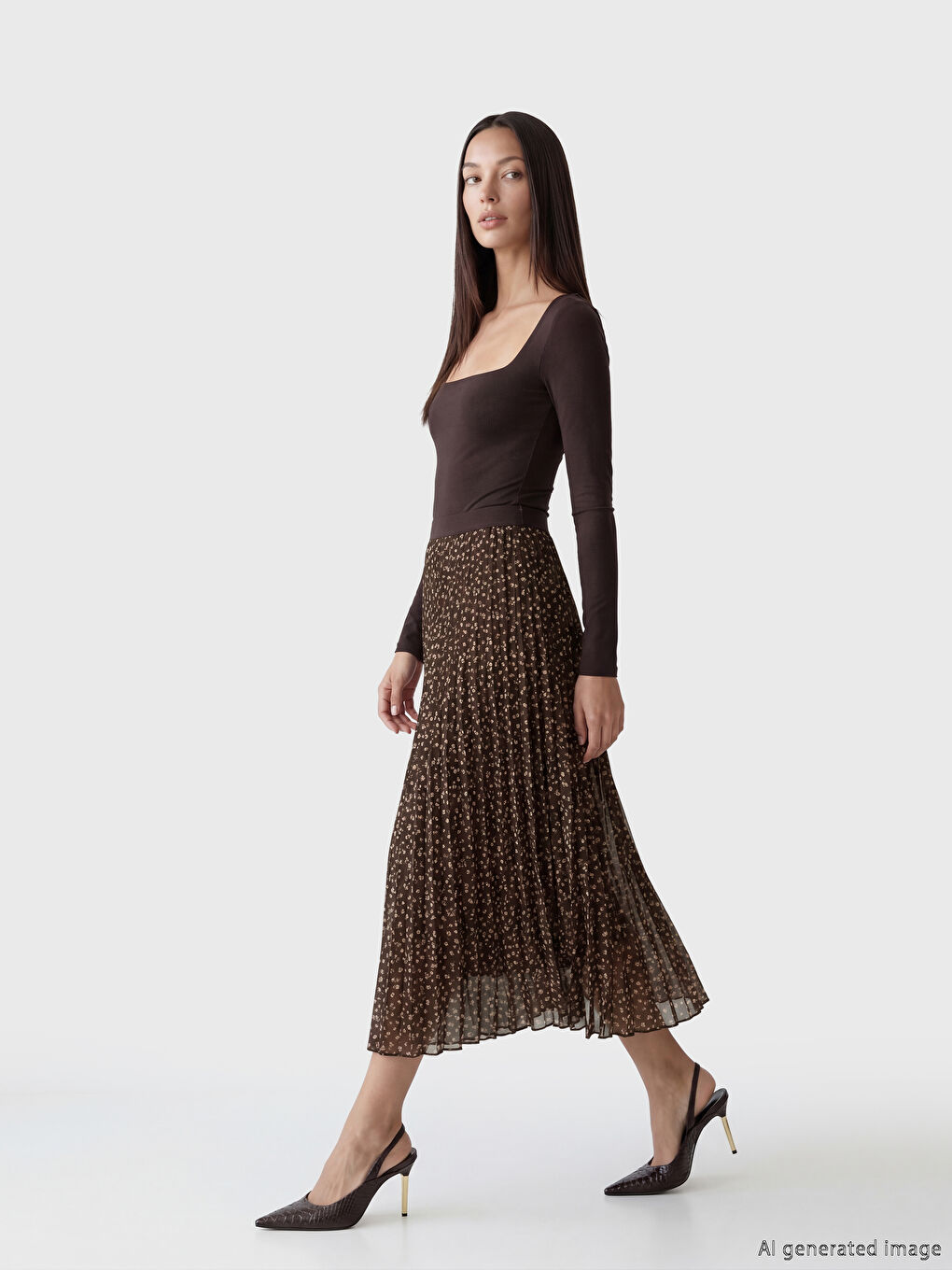 Kahverengi Beli Lastikli Çiçekli Pileli Etek