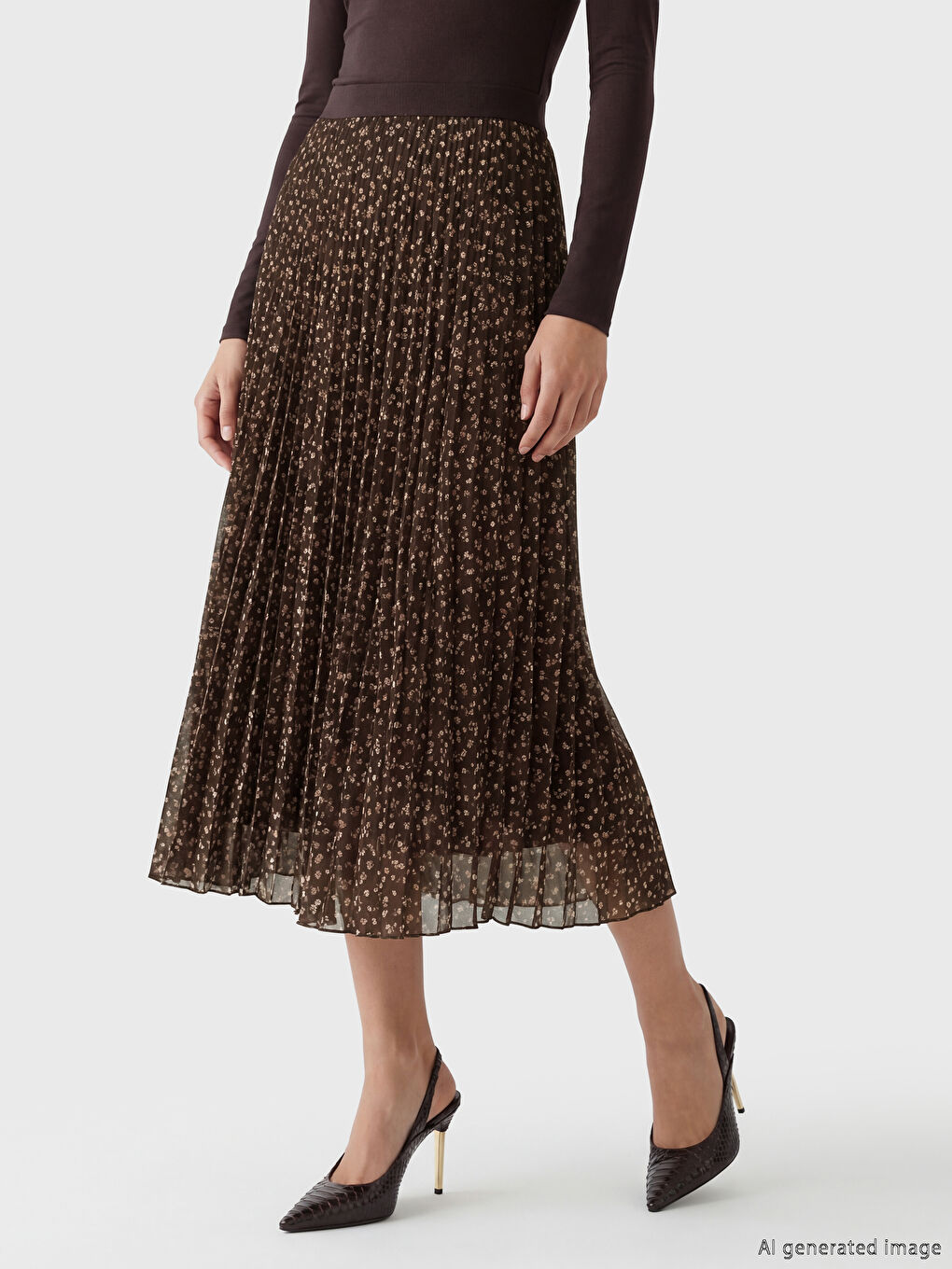 Kahverengi Beli Lastikli Çiçekli Pileli Etek-1