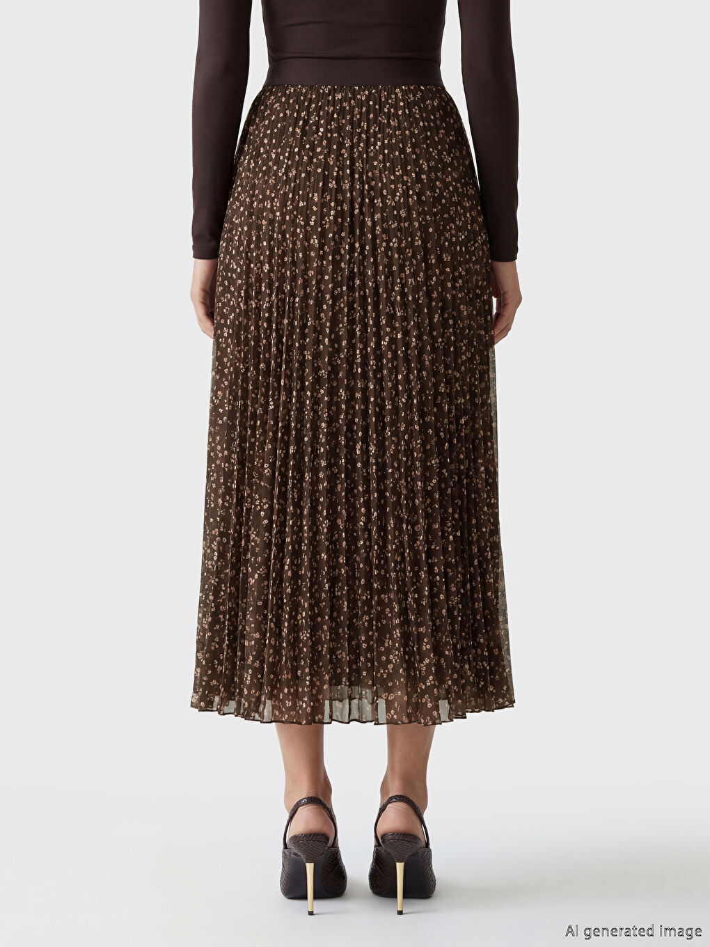 Kahverengi Beli Lastikli Çiçekli Pileli Etek-2