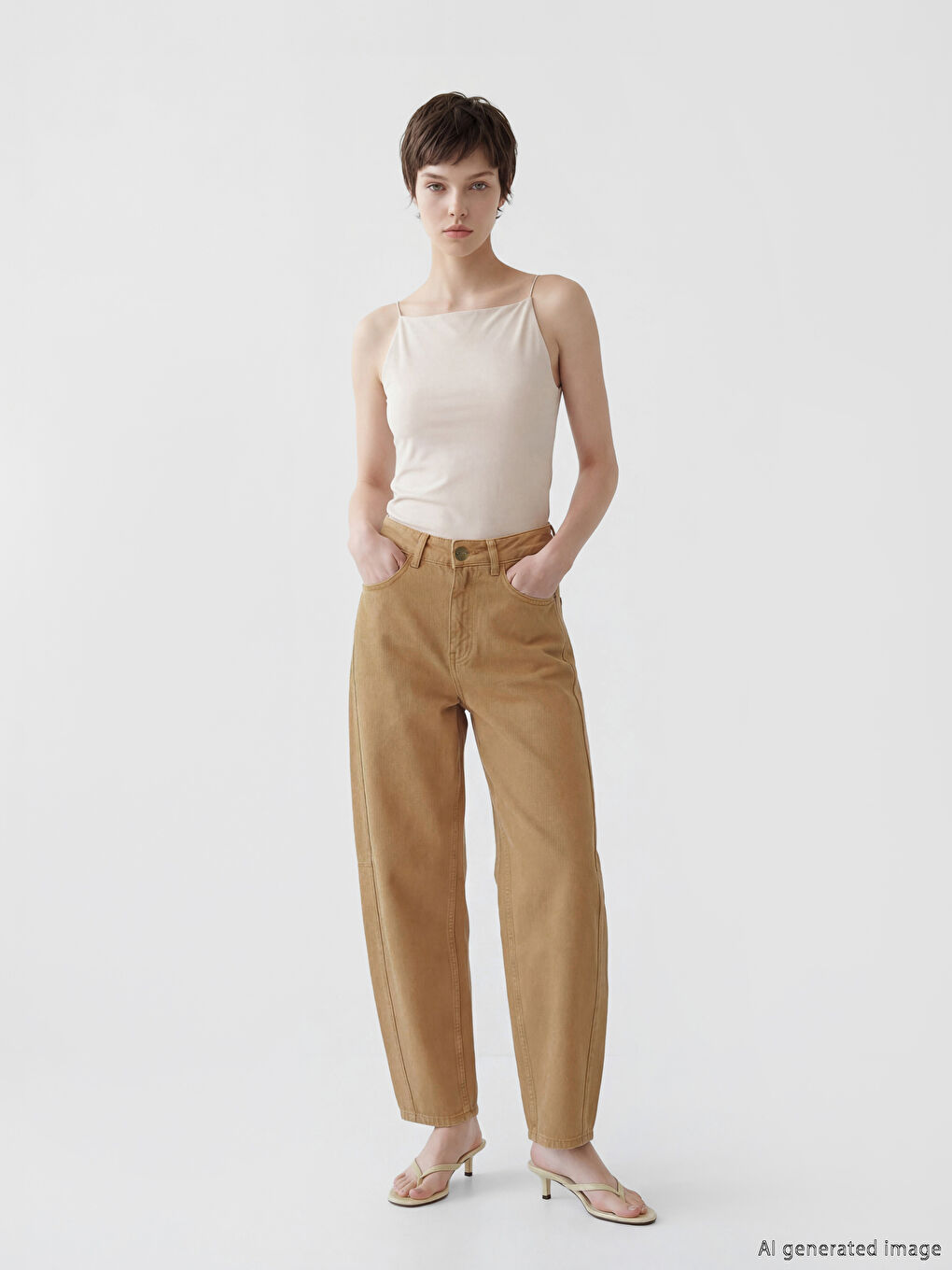 Bej Barrel Fit Kadın Jean Pantolon