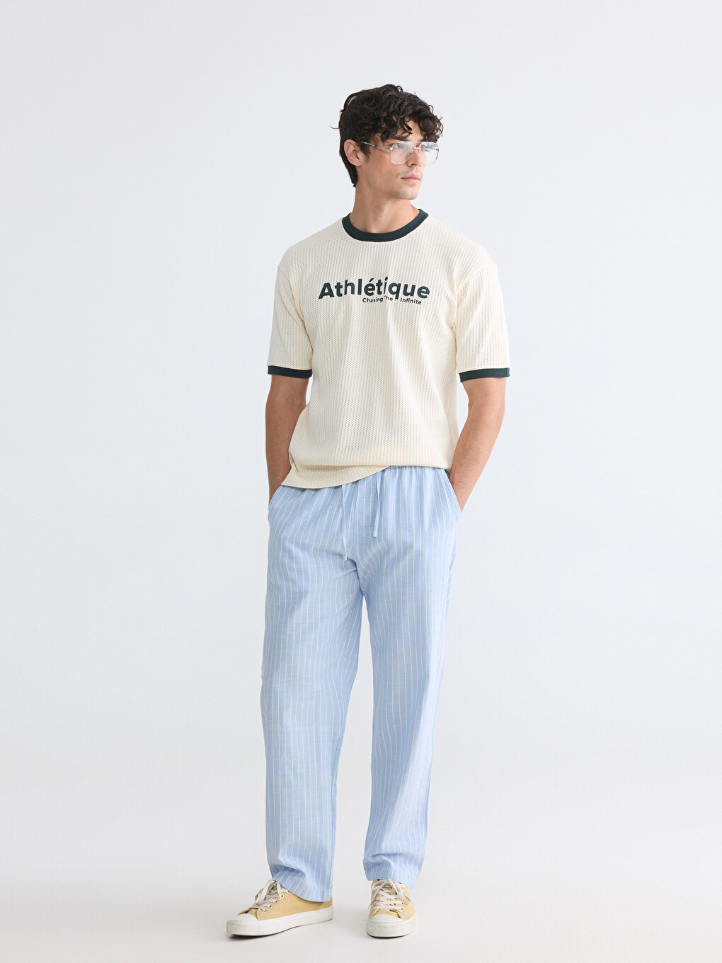 Ekru Relaxed Fit Bisiklet Yaka Baskılı Erkek Tişört-1