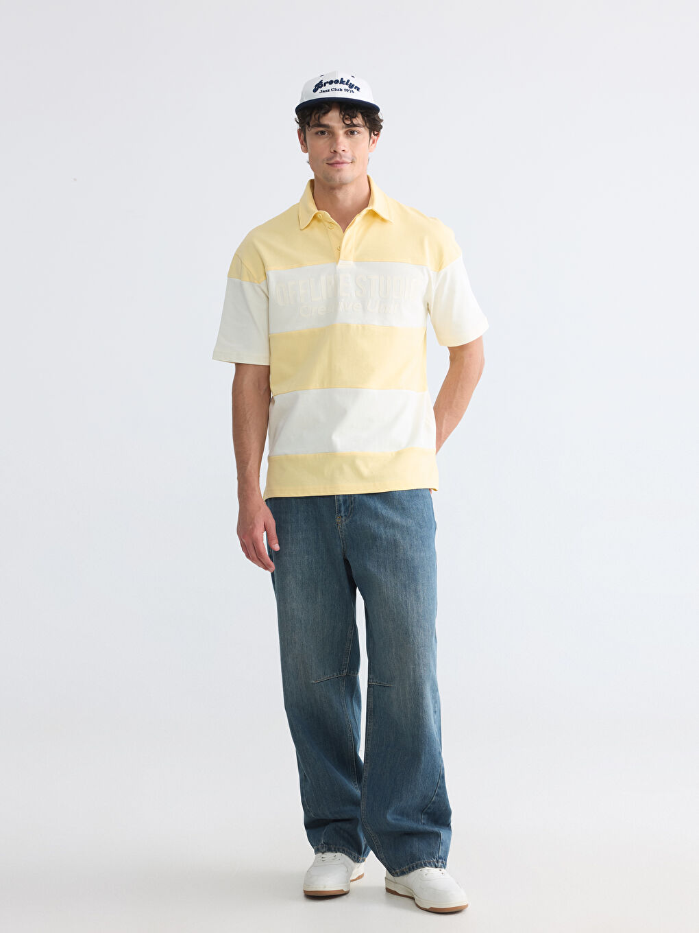 Sarı Polo Yaka Renk Bloklu Erkek Tişört-1