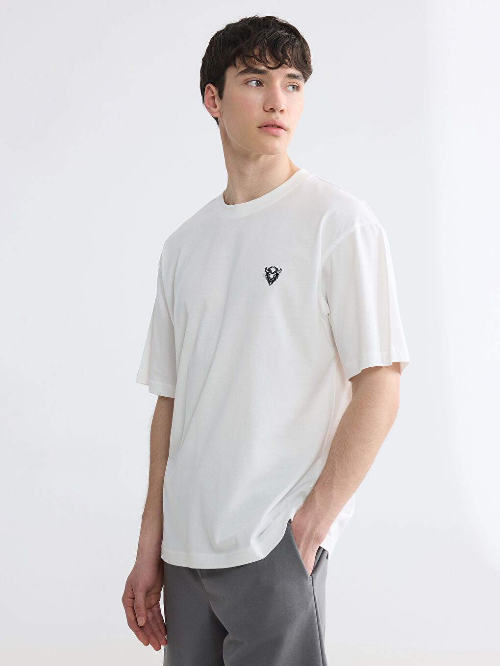 Beyaz Bisiklet Yaka Nakışlı Penye Erkek Tişört