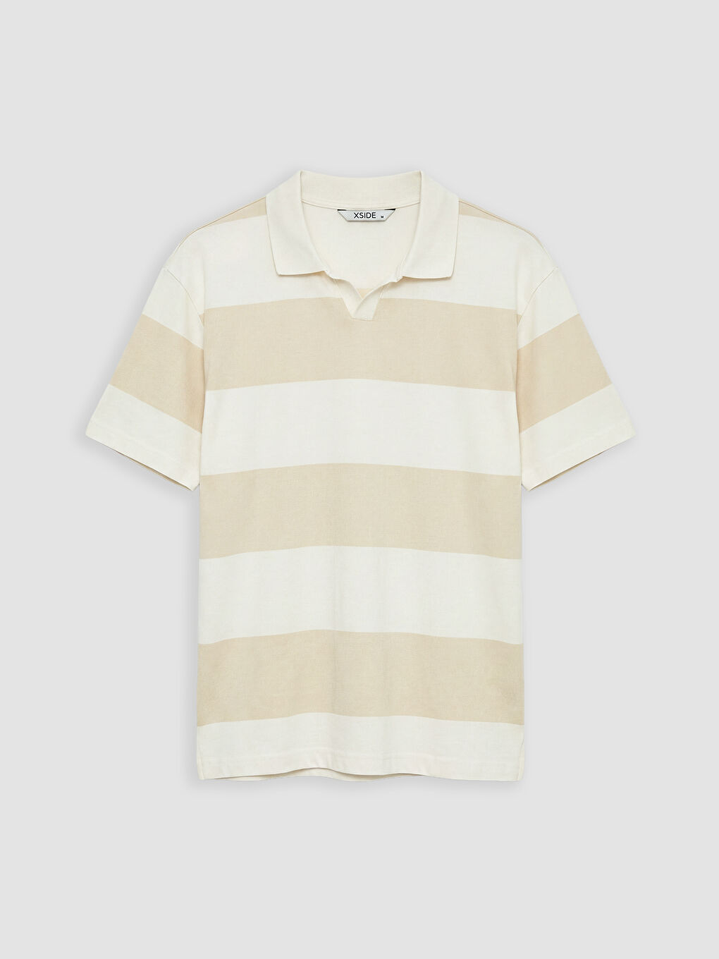 Bej Relaxed Fit Polo Yaka Çizgili Erkek Tişört-4