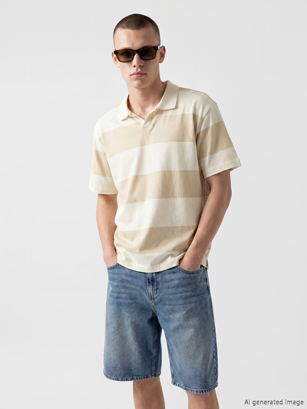 Bej Relaxed Fit Polo Yaka Çizgili Erkek Tişört